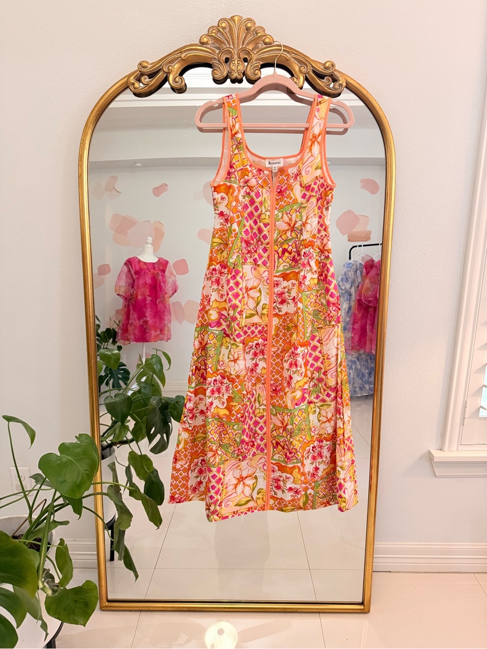 Sleeveless Pink & Orange Floral Zip-Front Casual Dress